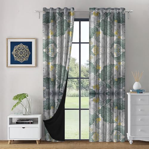 Image of LINENWALAS Printed Blackout Curtains for 5 Feet Window | Set of 2 | Printed Drapes | Thermal Insulated, Room Darkening Panels with Grommet Hanging for Living Room (Green jacobean)