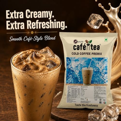 Image of Cafe N Tea Cold Coffee Premix Powder 1kg (Pack of 2 x 500g) Instant Drink Mix Cafe Style Iced Coffee Rich Creamy Easy to Make Makes 40 Glasses