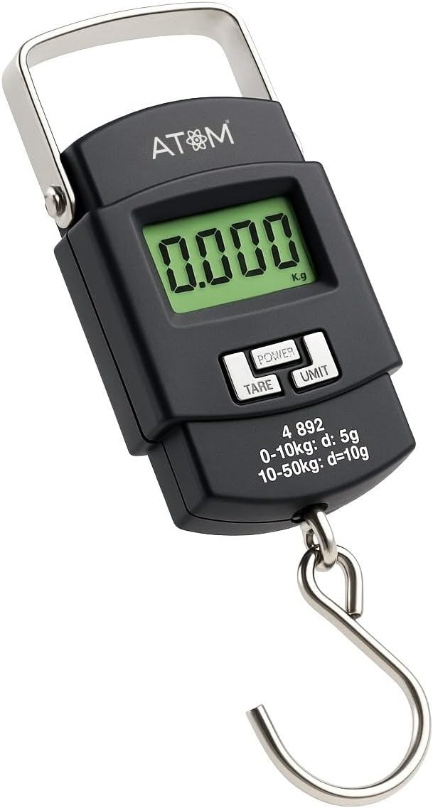 ATOM A 302 Electronic Digital Hanging Stainless Steel Hook Luggage Portable Scale with LCD Display For Industrial Fishing Factory Use Capacity 50Kg