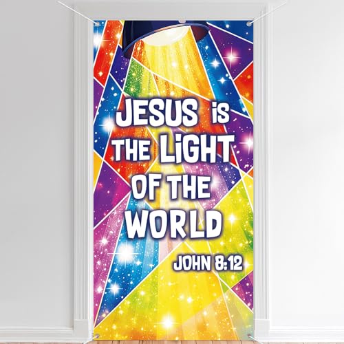 2026 Vacation Bible School Decoration Jesus is The Light of The World Door Cover Christian Backdrop Sunday School Religious Bible Verse Door Banner for Church Classroom Home Decoration