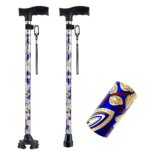 ステッキ 杖 伸縮ステッキ 自立式 4点杖 多機能ステッキつえ 女性男性が適用 高齢者介護 杖 おしゃれ 軽量 アルミ 11段階調節 花柄 70-94cm長さ調整可能 歩行支援 つえ 母の日 父の日 敬老の日 プレゼント 男女兼用 (ダークブルー)