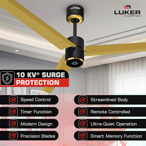 Image of LUKER JVLuker USA Aerozen Prime 1200mm BLDC Ceiling Fan | IR Remote | BEE 5 Star | Power Saver upto 65% | High Air Delivery | U-LED Speed Indicator | Reverse Mode, 3 Years Warranty, Black Yellow Gold
