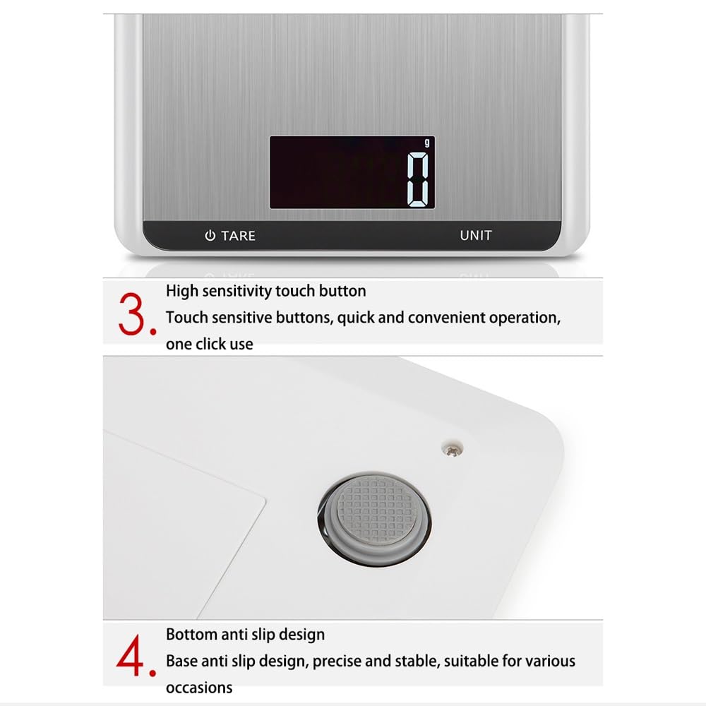 Báscula for Alimentos, Báscula Digital de Cocina, Peso en Onzas y Gramos for Cocinar y Hornear, Acero Inoxidable, 7 Unidades con Función de Tara, Pantalla LCD(5kg/1g)