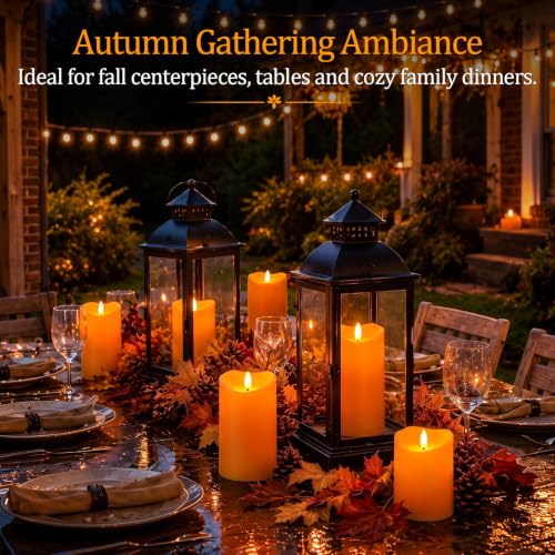 Image of Homemory Halloween Orange Waterproof LED Candles, Remote Timer, Set of 6 | Flameless candles, D3 x H4 /4 /5 /6 /8 /8 in, plastic shell, indoor outdoor fall decor, porch, patio, pathway and lanterns