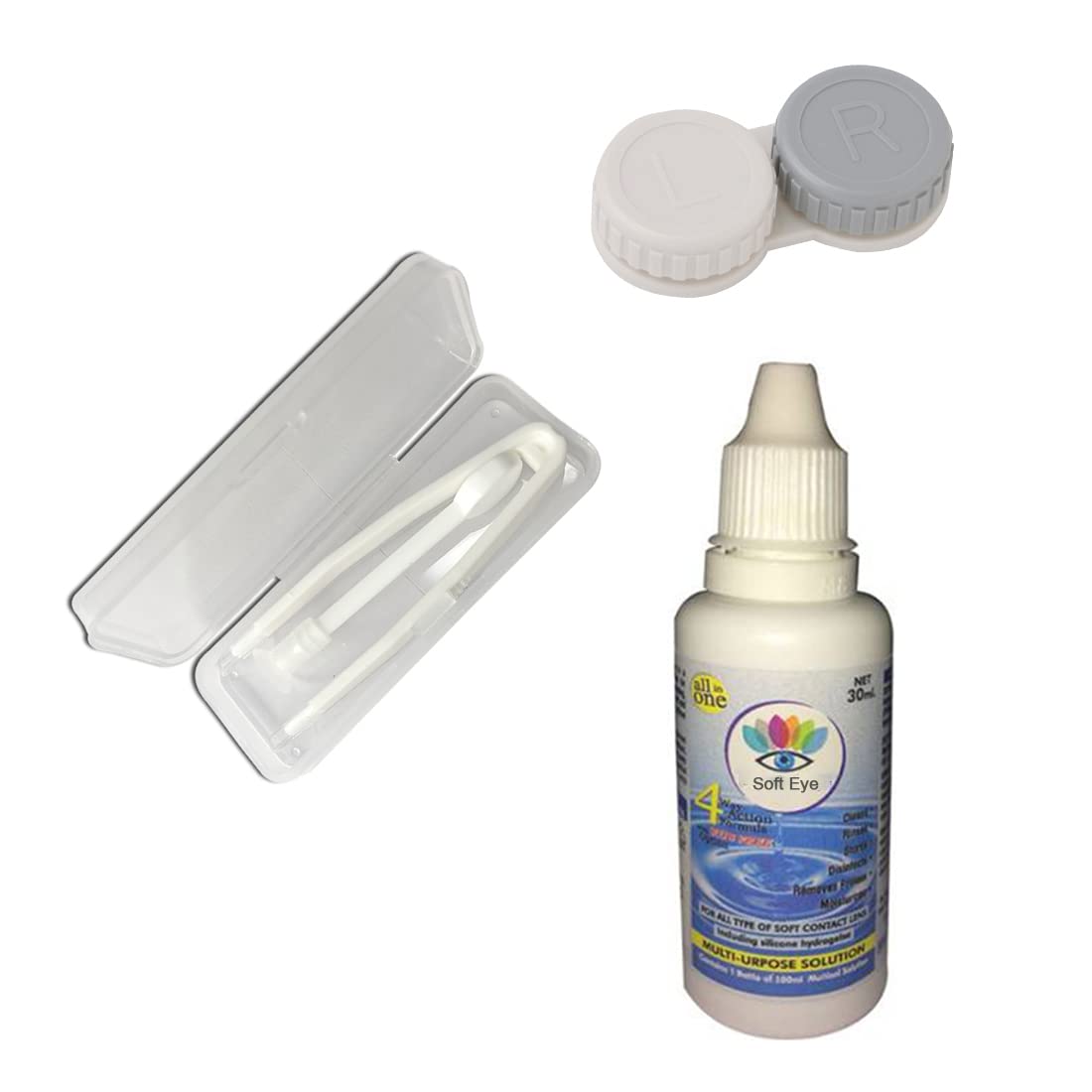 SOFT EYE Plastic Color Contact Lens Holder Travel Kit Case Box Container Holder With Tweezers 1 Pc With Lens Solution 30Ml - Multicolor