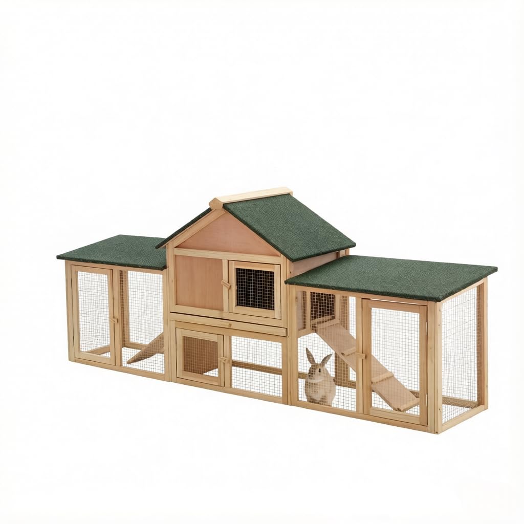 Gran Cabaña De Conejo Al Aire Libre Con Techo De Asfalto, Cajón Deslizante Y 2 Patios De Juego, Jaula Para Mascotas Para Conejos