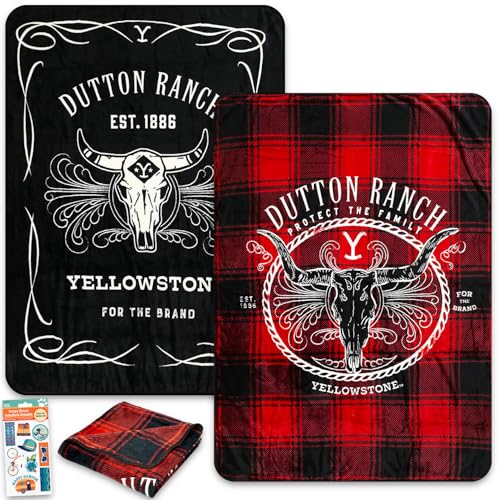 Paramount Yellowstone Blanket 2 Pack - Bundle with 2 Dutton Ranch Fleece Blankets Plus Stickers for Kids Adults Teens | Cozy Yellowstone Throw Blankets 46 x 60