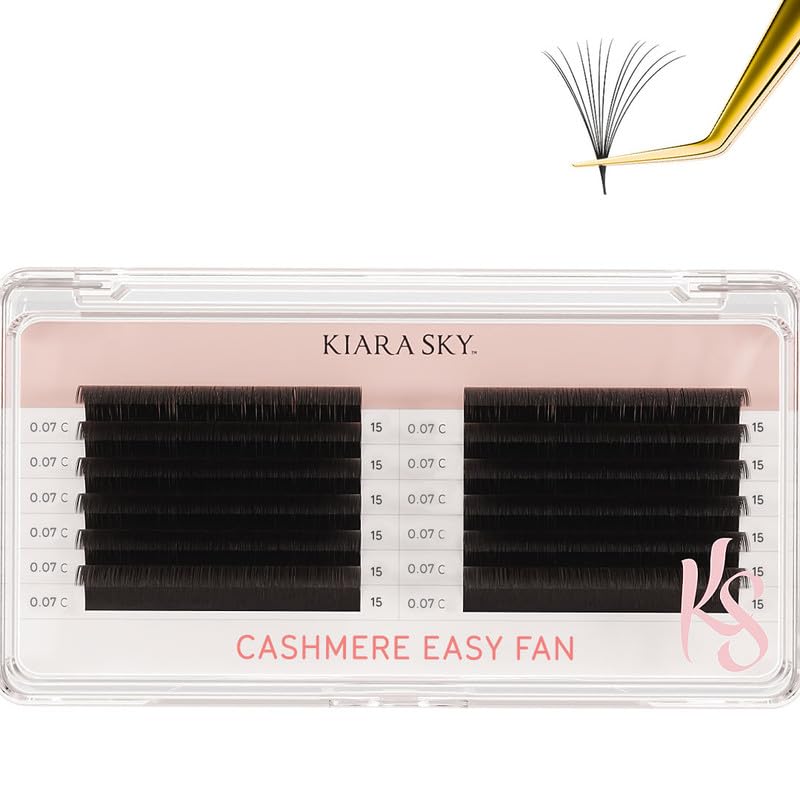 KIARA SKY LASH Premium Cashmere Easy Fan Lash Extensions | Soft Semi-matte natural finish | Fans like Butter | For Professional Eyelash Extensions Use Only | Black, (C-0.07-15MM)