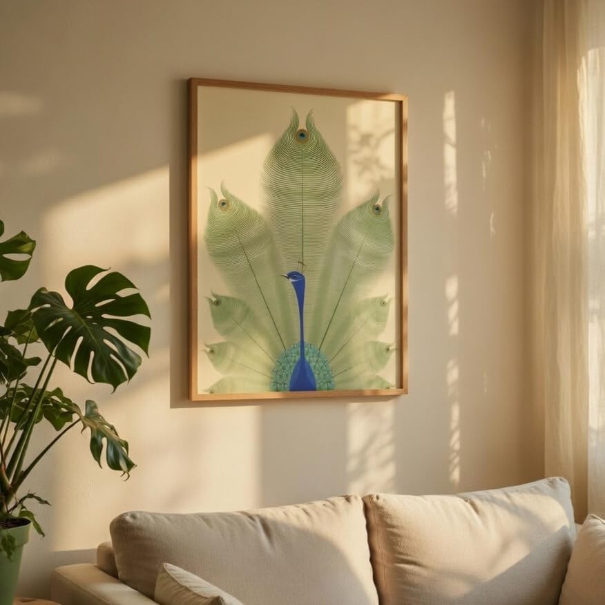 Image of Livin'luxe Peacock Feather Wall Painting with Wooden Color Synthetic Frame | Minimalist Peacock Artwork HD UV Laminated MDF Wall Decor | Elegant Bird Nature Wall Art for Living Room Bedroom Decor