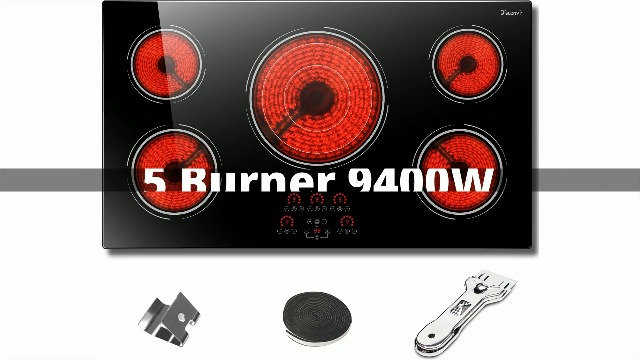 Image of 34.25 Inch Electric Cooktop(Cut-out Size: 34.25 inchx19.3 inch) - 9400W Powerful 5 Burner 36 Inch Electric Stove, 220V Built-in Ceramic Stove with Timer, Safety Lock, Pause, 220V Hard Wired