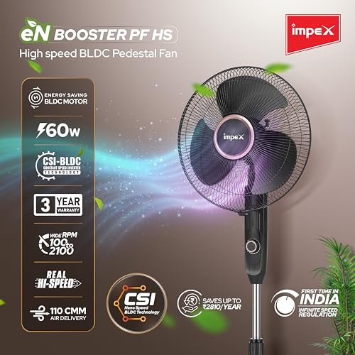 Image of Impex 400 mm BLDC Pedestal Fan 60 Watts | 2100 RPM BLDC Motor | Customisable Tilt And Oscillation Control | Height Adjustable | 3 Year Warranty