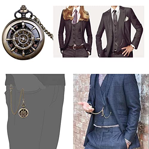 Image of Men's Mechanical Hollow Rudder Design Hand Wind Pocket Watch Roman Numerals Steampunk with Chain Box