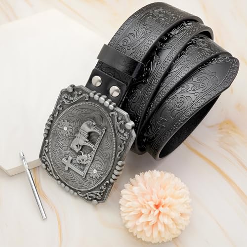 RechicGu Western Leather Belt for Men Women, Cowboy Floral Engraved Leather Belt With Cross Prayer Horse Buckle, 1.5" Wide3