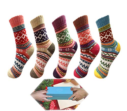 Women Winter Socks 5 Pairs Womans Socks Gift Box Vintage Warm Soft Thick Knit Wool Multicolor Socks Free Size Socks Gifts (Multi Color 15)