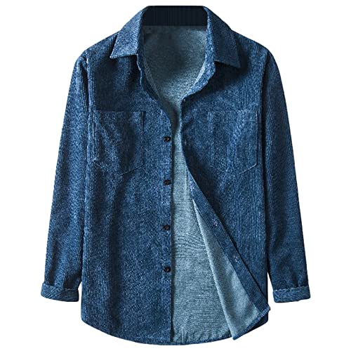Maiyifu-GJ Mens Long Sleeve Corduroy Shirts Solid Color Button Down Ribbed Fall Tops Lightweight Casual Warm Shacket Jacket (Dark Blue,X-Large)