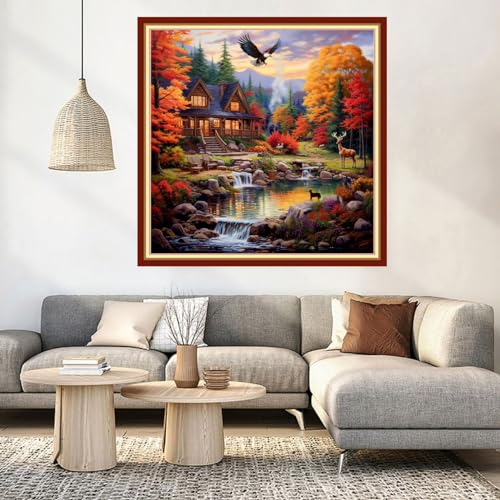 Image of DMCVIVR Stamped Cross Stitch Kits for Beginners Adults Needlepoint Kits for Beginners Embroidery Kits for Adults Crossstitch Kit for Beginners 11CT-Autumnal Scenery 18x18 inch