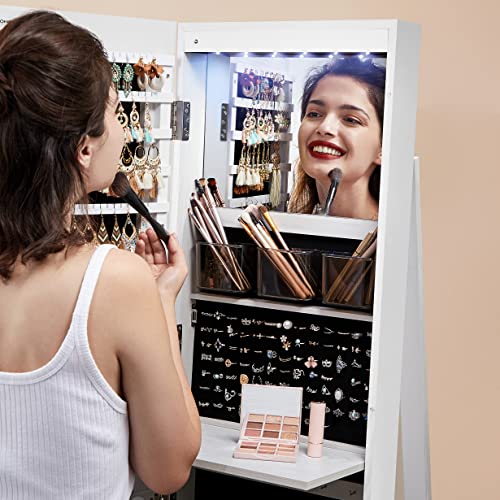 SONGMICS JJC007W01 Schmuckschrank mit Spiegel auf Füßen, abschließbar, mit 6 LEDs, Schmuckaufbewahrung, um 360° drehbar, rahmenlos, 3 Ablagen, weiße Oberfläche, schwarze Innenauskleidung