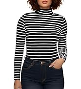 Zengjo Striped Long Sleeve Shirt Mock Neck(Black & White,XS) at