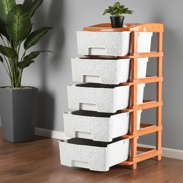 Image of KITCHIVO Plastic Modular Drawer Storage Chest Of Drawers Organizer Storage Box, Large Stomo Racks For Multipurpose Anti-slip Shoes Organizers (White & Golden, 5 Layer)