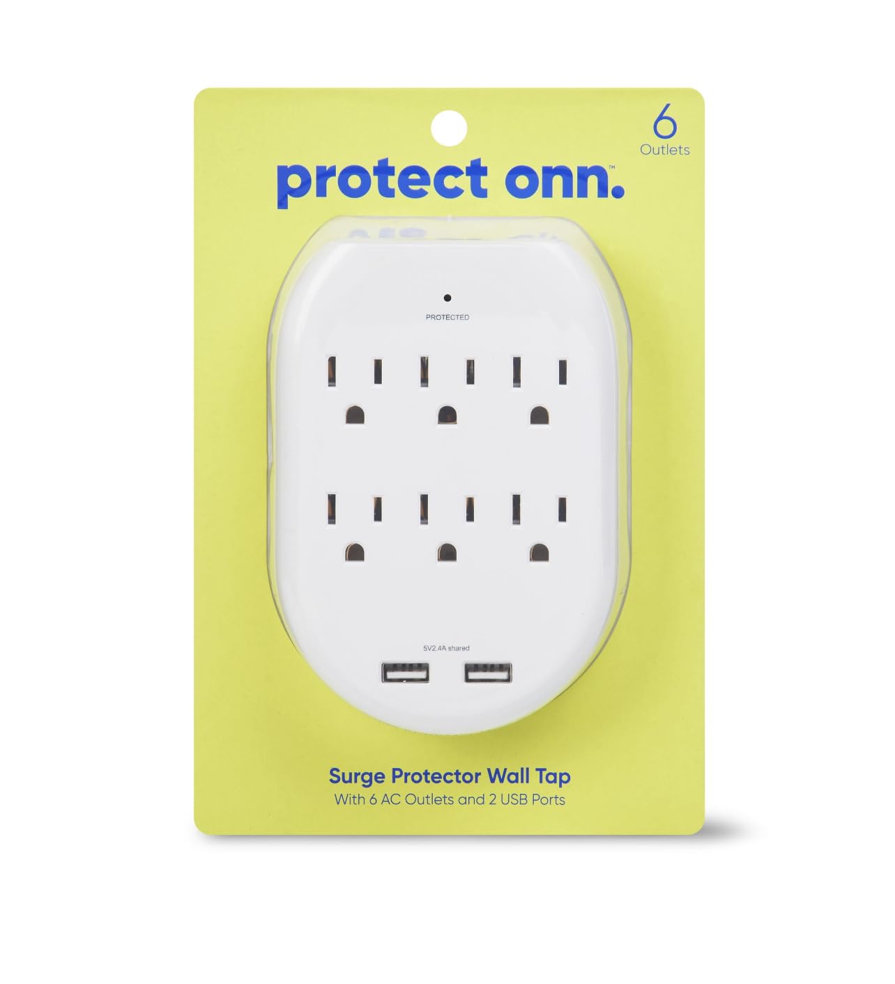 Onn. Surge Protector Wall Tap with 6 AC Outlets and 2 USB Ports - White