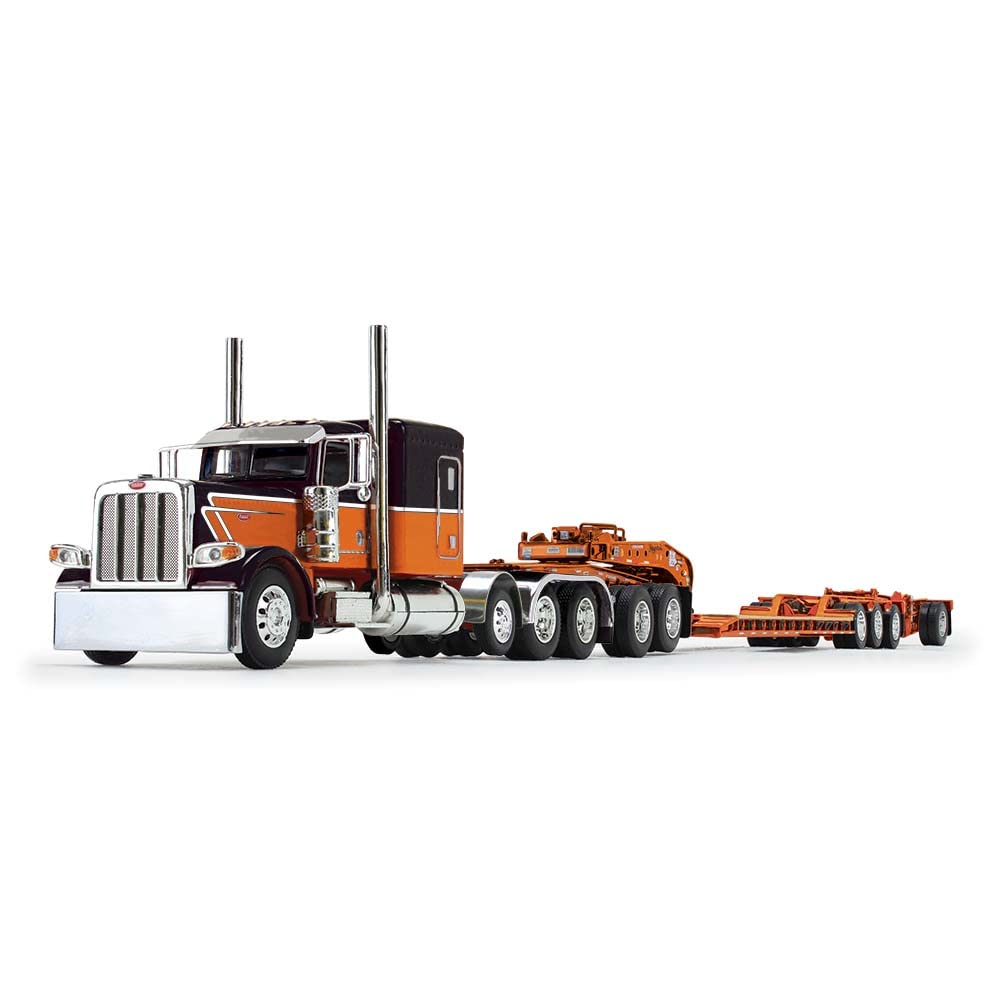 DCP by First Gear Black/Orange: Peterbilt Model 389 with 63” Flat Top Sleeper & Fontaine Magnitude Tri-Axle Lowboy Trailer with Jeep & Stinger