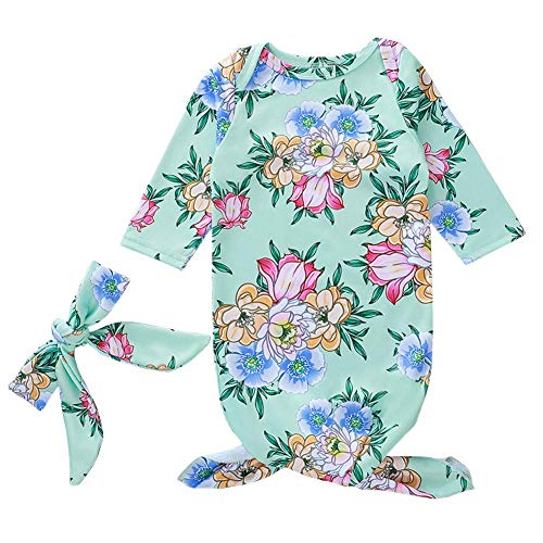 ODASDO Newborn Infant Baby Girl Nightgowns Sleepwear Floral Print Knotted Sleeper Gown Cotton Long Sleeve Pajamas Sleeping Bag with Bowknot Headband Coming Home Outfit Swaddle Sack Set Green 0-12M
