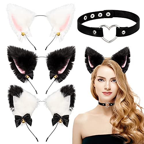 Whaline 3pcs Cat Ear Headband with Heart Chocker Necklace White Black Plush Furry Cat Ear Hair Band with Ribbon Bow Bell for Girls Women Adult Cosplay Party Fancy Dress Halloween Drama