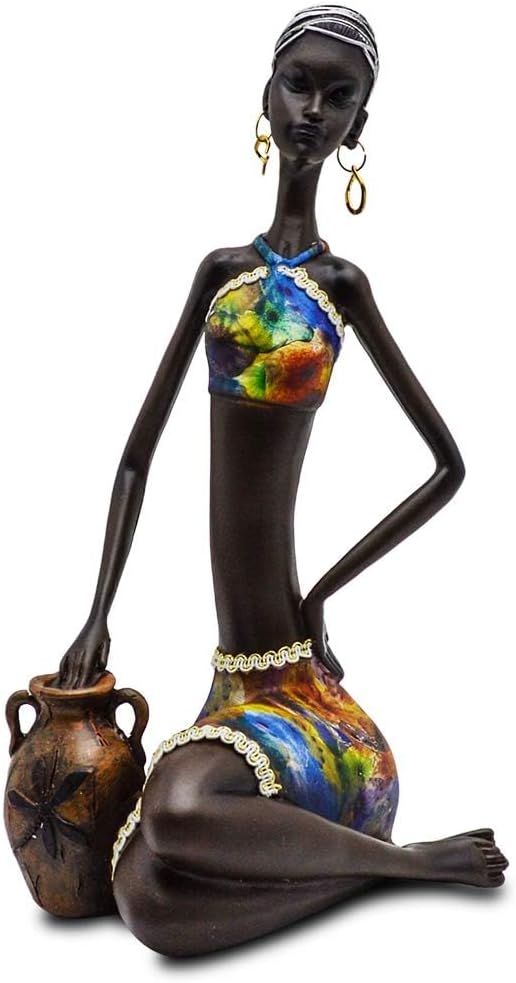 Rockin Novelty Statue African Figurine Sculpture Colorful Dress Standing Lady Statues - Collectible Art Piece 13" Inches Tall - Body Sculptures Decorative Black Figurines