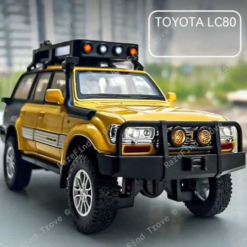 Image of Toyota Land Cruiser LC80 1:24 Diecast Metal Car - Openable Doors, Sound&Light, Pull Back Action,Collectible Toy Car for Kids - Durable & Realistic Model Collectors (Yellow-Grey)