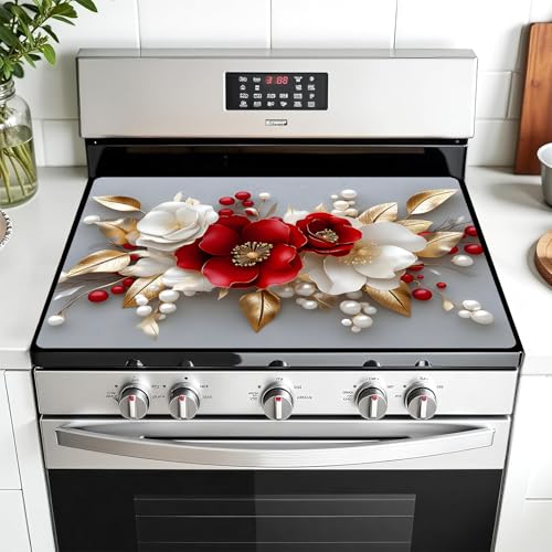 Image of Multi-Design Stove Cover for Glass /Electric Stoves - 3-in-1 Heat-Resistant Protector Mat, Non-Slip Drying Rack 28 inchx20 inch (3D Flowers)