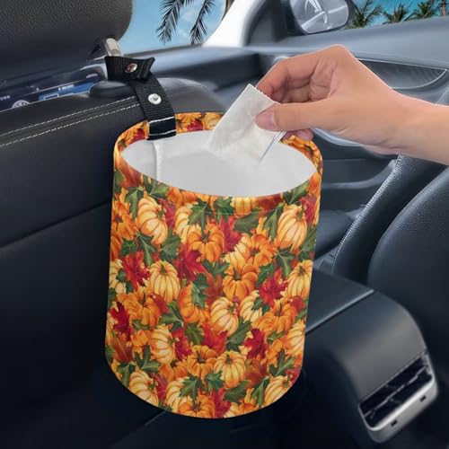 Image of Maple Leaves Pumpkins Trash Can for Car Auto Garbage Can for Back Seat Leak Proof with Adjustable Buttons Car Accessories for Women Interior