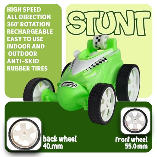 Image of Remote Control Stunt Car for Kids, 360 Spins RC Off-Road Monster Truck, 4WD Rock Crawler Vehicle with LED Lights, Rechargeable Battery, Shockproof Design (Green, 368)