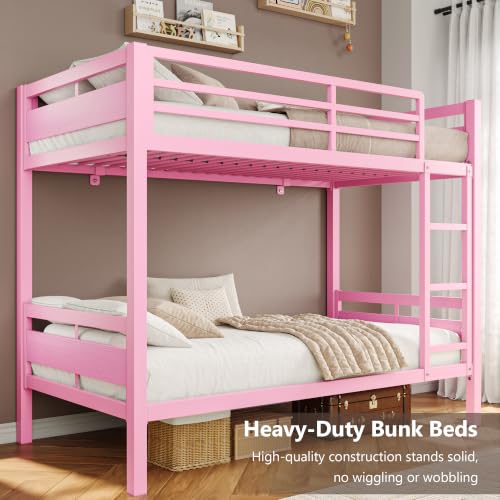 Image of iPormis Metal Bunk Bed Twin Over Twin, Heavy Duty Bunk with High Guardrail and Safety Entrance Design, Under-Bed Storage Space, Easy Assembly, Noise Free, Pink