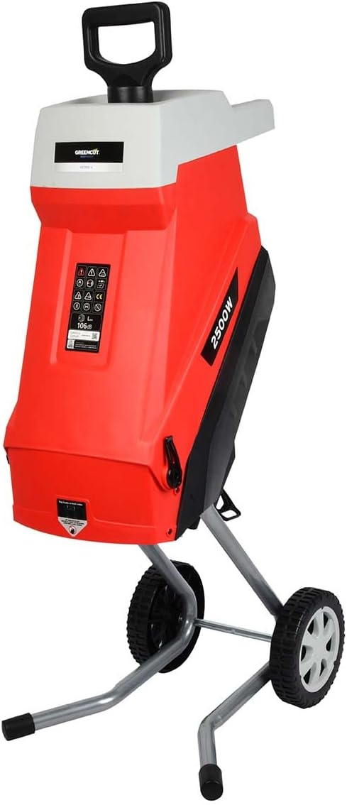 GREENCUT GE250C - Biotrituradora eléctrica, potencia 2500W, capacidad corte 45mm, tolva gran tamaño, 1 bolsa recogida 45l, ruedas y asa transporte