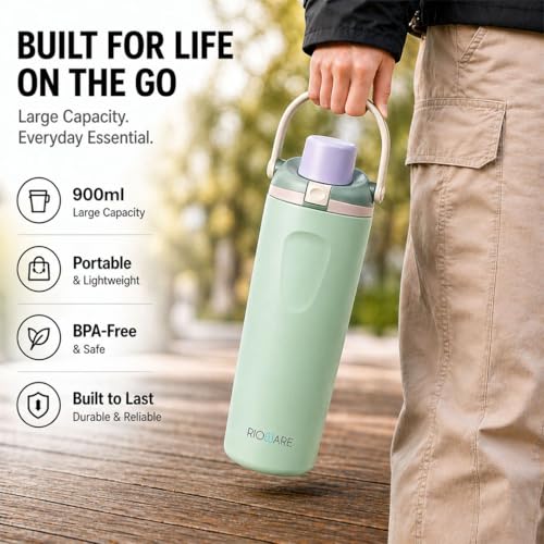 Image of Rioware 900ml Vacuum Insulated Stainless Steel Tumbler with Flip Cap | 304 Grade Steel | 8 Hrs Hot & 14 Hrs Cold | Leakproof Travel Coffee Mug | Large Capacity Water Bottle with Handle | BPA Free