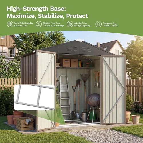 Image of Devoko 6 x 4 FT Metal Storage Sheds with Floor Frame, Waterproof Garden Tool Shed with Lockable Door, Outdoor Utility Shed for Backyard Patio Lawn, Brown