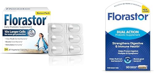 Florastor Paquete de probióticos para la salud digestiva e inmunológica con 54 y 30 cápsulas, probióticos para mujeres y hombres, ayuda a eliminar