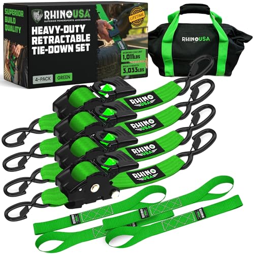 Image of Rhino USA Retractable Ratchet Straps (4-Pack) - 2 Inch x 10 Feet (3,033lb Break Strength) - Heavy Duty Auto Self Retracting Tie Down Straps for Truck, Cargo Trailer, Motorcycle, Rad & More - Green