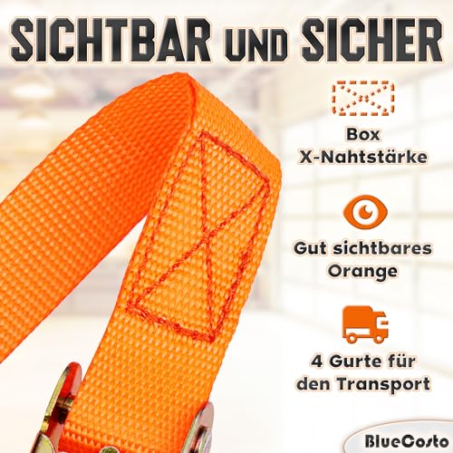 Premium-Ratschengurte – 4er-Pack, orange – 4 Meter Lange Zurrgurte mit Ratsche – Hochleistungs-Tragfähigkeit von 180 kg, Bruchfestigkeit von 540 kg