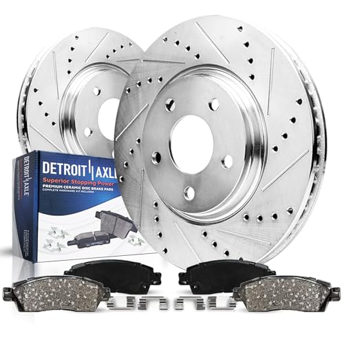 Image of Detroit Axle - Front Brake Kit for Volkswagen 1999-2006 Golf, 1999-2004 Jetta, 2000-2010 Beetle, Drilled and Slotted Brake Rotors and Ceramic Brakes Pads Replacement: 11.02 inch Rotors