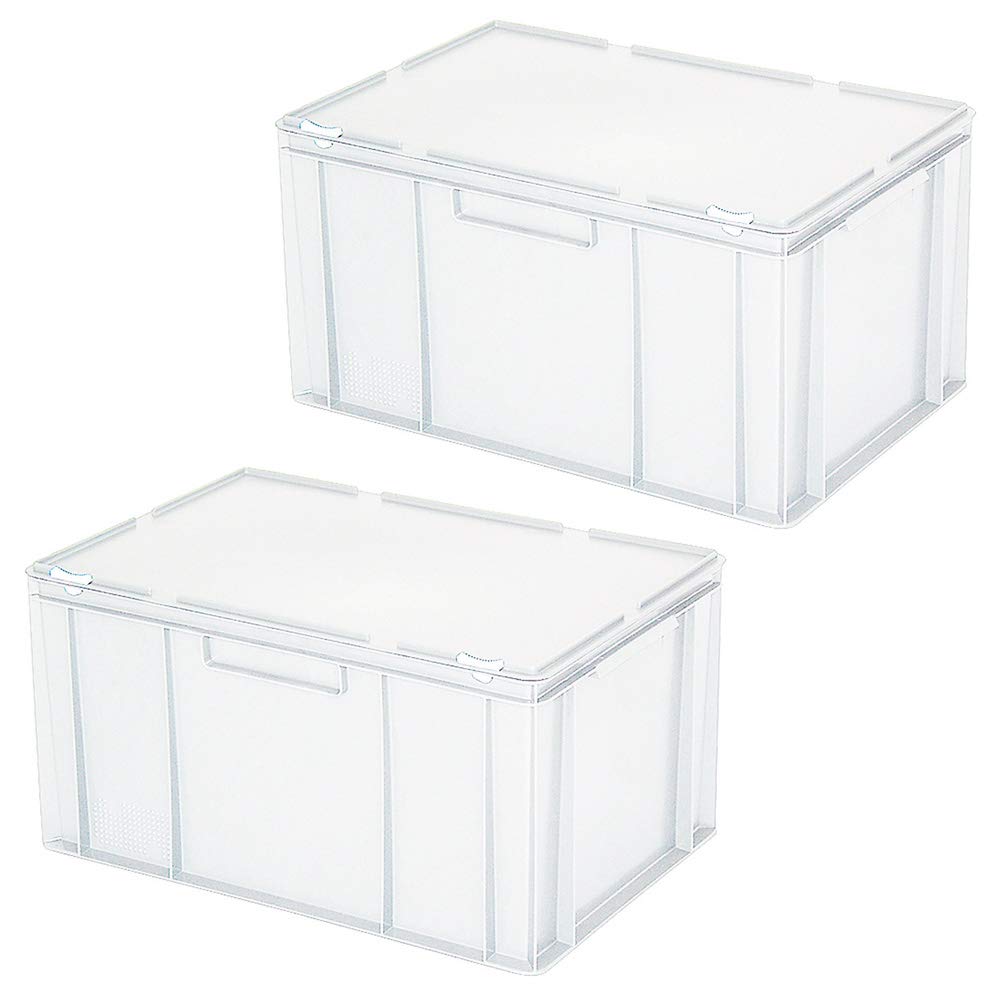 2 contenitori europei con coperchio, per alimenti, impilabili, 600 x 400 x 330 mm, 63 litri, PE-HD, bianco