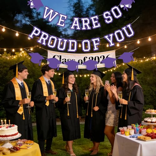 Image of We Are So Proud Of You Banner Graduation Party Decorations Congrats Grad Cap Garlands Wall Sign Purple White