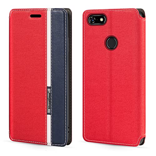 Shantime Funda Tipo Libro de Piel Sintética con Rayas Compatible con Lenovo A5, Cierre Magnético Oculto, Ranura y Diseño a Contraste(Rojo)