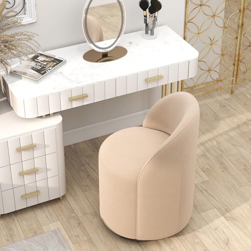Image of HNY Upholstered Kitchen & Dining Room Barrel Chair, Mid Century Modern Round Velvet Dining Chair, 360 Degree Swivel Comfy Armless Accent Makeup Vanity Side Chair for Bedroom Living Room, Khaki