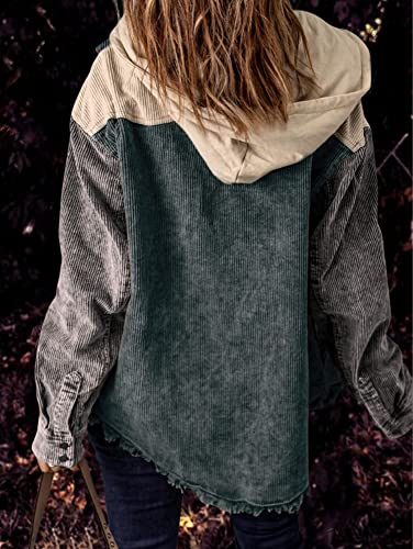 chouyatou Women's Casual Corduroy Open Front Hooded Color Block Shirts Shackets Jacket2