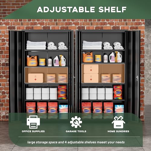 Image of Greenvelly Metal Storage Cabinet, 72 inch Black Metal Locking Storage Cabinet with Doors and 4 Adjustable Shelves, Large Steel Cabinet for Home Office, Garage, Shop, School (32 inch W x 16 inch D)
