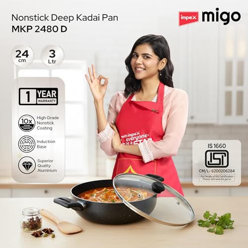 Image of Impex Nonstick Deep Kadai Pan with Glass Lid | Non Stick Aluminium Kadhai | 3 Litre Capacity | Induction and Gas Stove Compatible | Heatproof Handles | PFOA Free | 1 Year Warranty