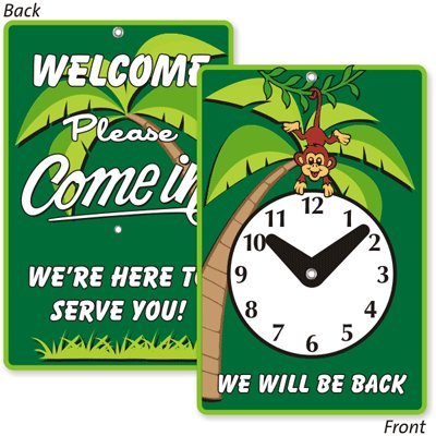 SmartSign "We Will Be Back At/Welcome Please Come" 2-Sided Be Back Clock sign | 5.75" x 8.75", Made in USA