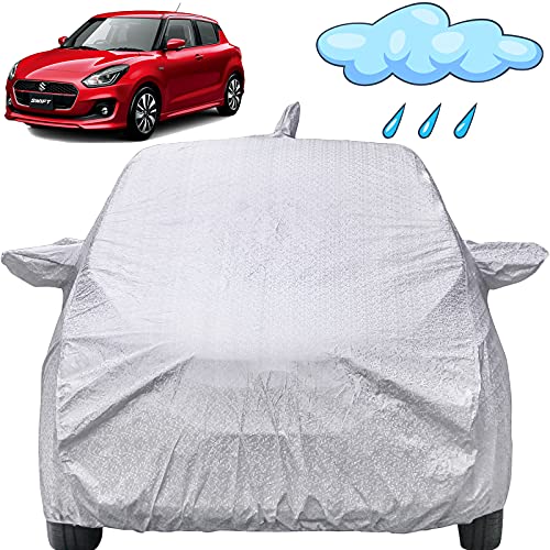 Image of Autofact Waterproof Car Body Cover Compatible with Maruti Swift 2018 to 2021 with Mirror and Antenna Pockets (Shinning Silver)