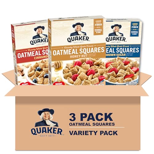 Quaker Oatmeal Squares Crunchy Whole Grain Breakfast Cereal Variety pack 14.5 Oz Boxes (Pack of 3)